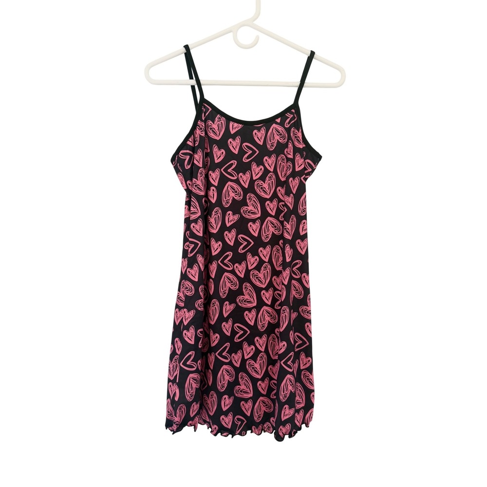 Pink Heart Print Nightgown Dress Black Spaghetti Strap Lettuce Hem Medium